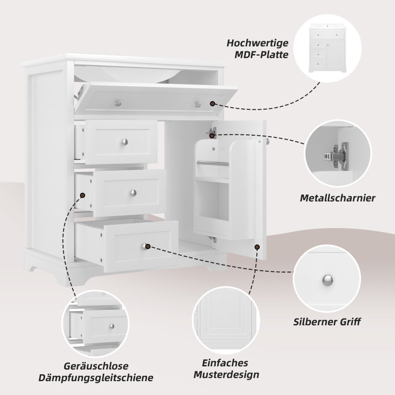 76x46x87cm Bodenstehender Badezimmerschrank mit Waschbeck, Waschtisch,Sprühlackierverfahren,Drei Soft-Close-Schubladen,Türregale,ausklappbare Schublade,integriertes Keramikwaschbecken,Weiß