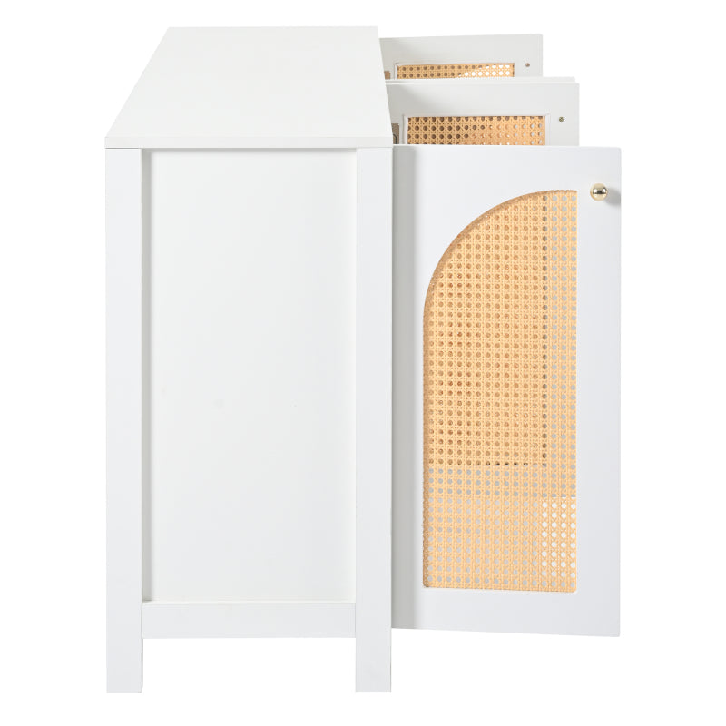 Modernes Sideboard im minimalistischen Stil 4-Rattantür, Metallgriff einfaches Buffetschrank für Esszimmer, Wohnzimmer, Küche (weiß)