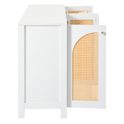 Modernes Sideboard im minimalistischen Stil 4-Rattantür, Metallgriff einfaches Buffetschrank für Esszimmer, Wohnzimmer, Küche (weiß)