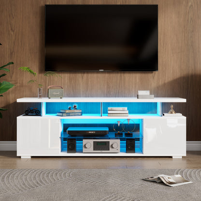 Moderner Low-Panel-Hochglanz-TV-Ständer mit LED-Beleuchtung, TV-Panel, TV-Glasschrank für 60-Zoll-Fernseher, Tische, universelle Gaming-Medienständer, Stauschränke und große Stauräume, Reinweiß