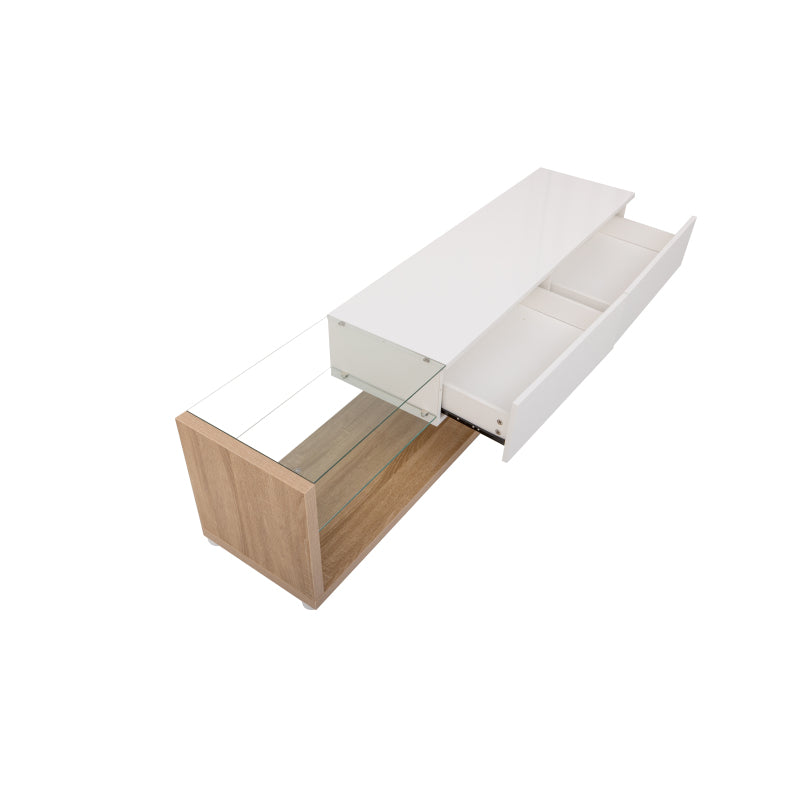 TV-Schränke, Lowboards, Kombination aus Hochglanzweiß und Holzfarben. Glastrennwände und variable LED-Beleuchtung. Es kombiniert natürlichen Landhausstil mit modernem Design.