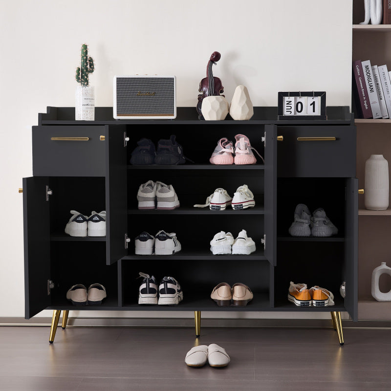 Schuhschrank, Schuhregal mit 2 Schubladen und 4 Türen, Metallfüße, schwarz