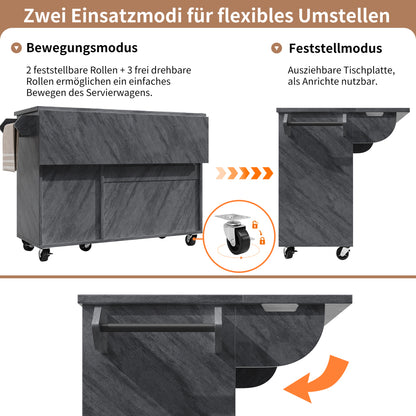 Mobile Kücheninsel 118x75cm Klappbar Servicewagen Grau mit Rollen, 3 Türen, 3 Schubladen & 3D-Wellenmuster Design, Küchenwagen