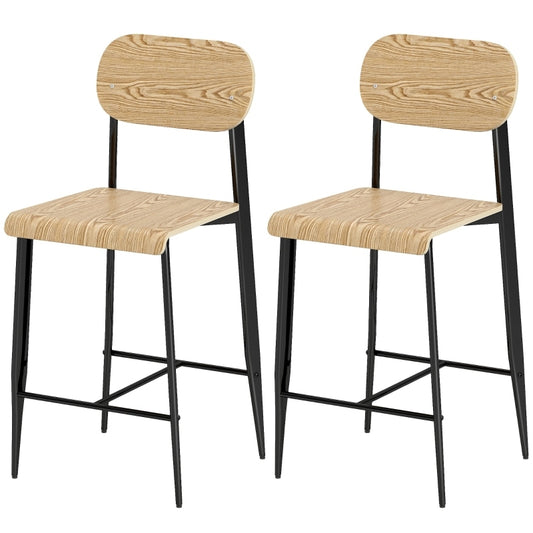 Barhocker 2er Set, Barstuhl mit Fußstütze, Metallgestell, Industrie-Design Naturholz+Schwarz