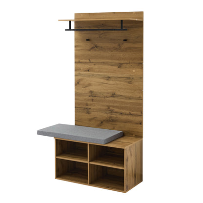 Garderobenset in Holzoptik mit Schuhbank, verstellbarem Regal, Kleiderstange und Polster, Praktische Flurmöbel