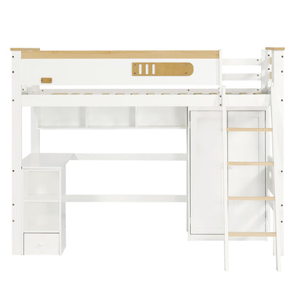 Etagenbett, Kinderbett, mit Fallschutzgitter, mit Tisch und Kleiderschrank, Offenes Regal, Reichlich Stauraum, Mit vierstufiger Leiter, Kiefer+MDF+Sperrholz, Weiß+Natur, 90x200cm