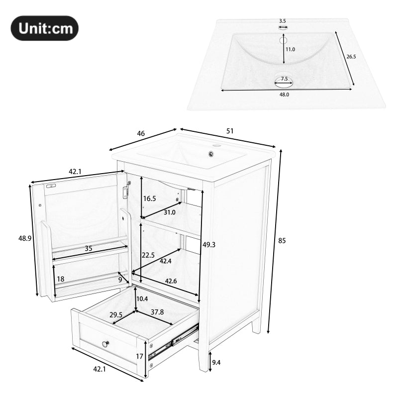 51x46x85cm Bodenstehender Badezimmerschrank mit Waschbe, Waschtisch,komplett lackiert, Türablage, geräuschlose Schublade mit großem Fassungsvermögen, verstellbares Regal, Keramikwaschbecken, weiß
