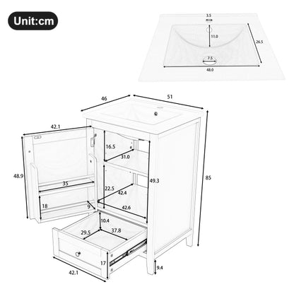 51x46x85cm Bodenstehender Badezimmerschrank mit Waschbe, Waschtisch,komplett lackiert, Türablage, geräuschlose Schublade mit großem Fassungsvermögen, verstellbares Regal, Keramikwaschbecken, weiß