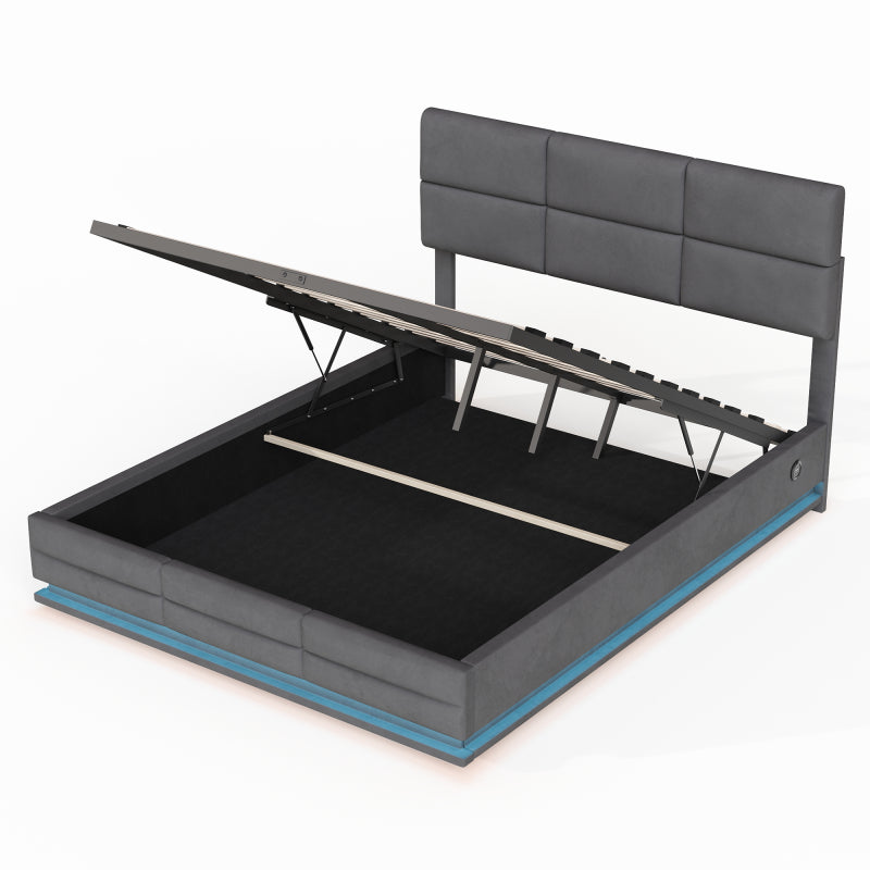 160 x 200 cm Bettgestell aus weichem Samt mit USB Type C Ladefunktion und LED Beleuchtung, Hydrauliksystem Stauraum Bettgestell aus Samtmaterial Jugendbett mit Lattenrost, Grau