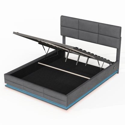 160 x 200 cm Bettgestell aus weichem Samt mit USB Type C Ladefunktion und LED Beleuchtung, Hydrauliksystem Stauraum Bettgestell aus Samtmaterial Jugendbett mit Lattenrost, Grau
