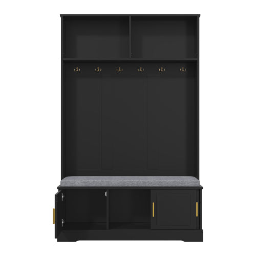 Garderobenständer mit  Schuhbank, Garderobe,  6 Dreifach-Haken,freistehend, platzsparend, für Eingangsbereich,Flur, Schwarz