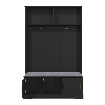 Garderobenständer mit  Schuhbank, Garderobe,  6 Dreifach-Haken,freistehend, platzsparend, für Eingangsbereich,Flur, Schwarz