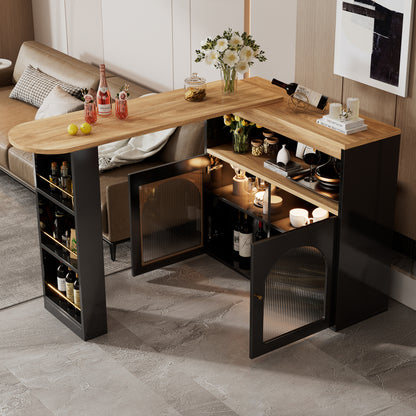 Bartisch ausziehbar 138-193cm, 360° drehbarer Stehtisch mit LED-Beleuchtung & Glasfront, Bistrotisch mit 3 Ablagen, Küchentisch, Schwarz
