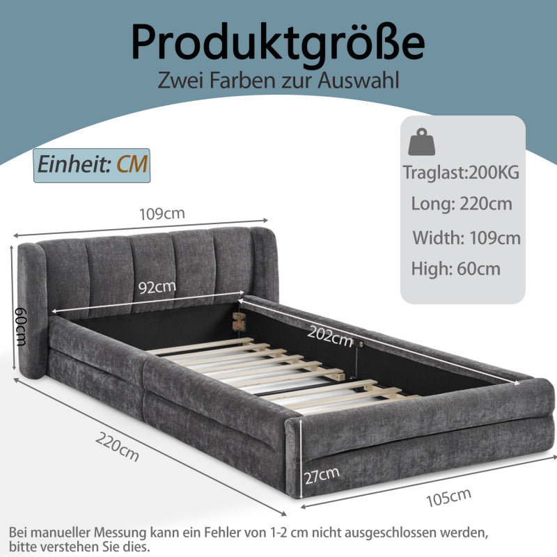 Einzelbett 90x200 cm, hautfreundlicher Chenille Stoff, komfortables Rückenlehne, auch als Kinderbett geeignet, Dark Gray (ohne Matratze)