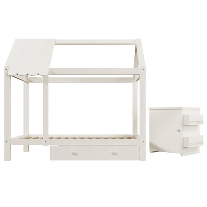 Hausbett Kinderbett 90x200 cm aus Massivholz mit Schubladen & abnehmbarem Nachttisch - Bodenbett in Weiß, ohne Matratze