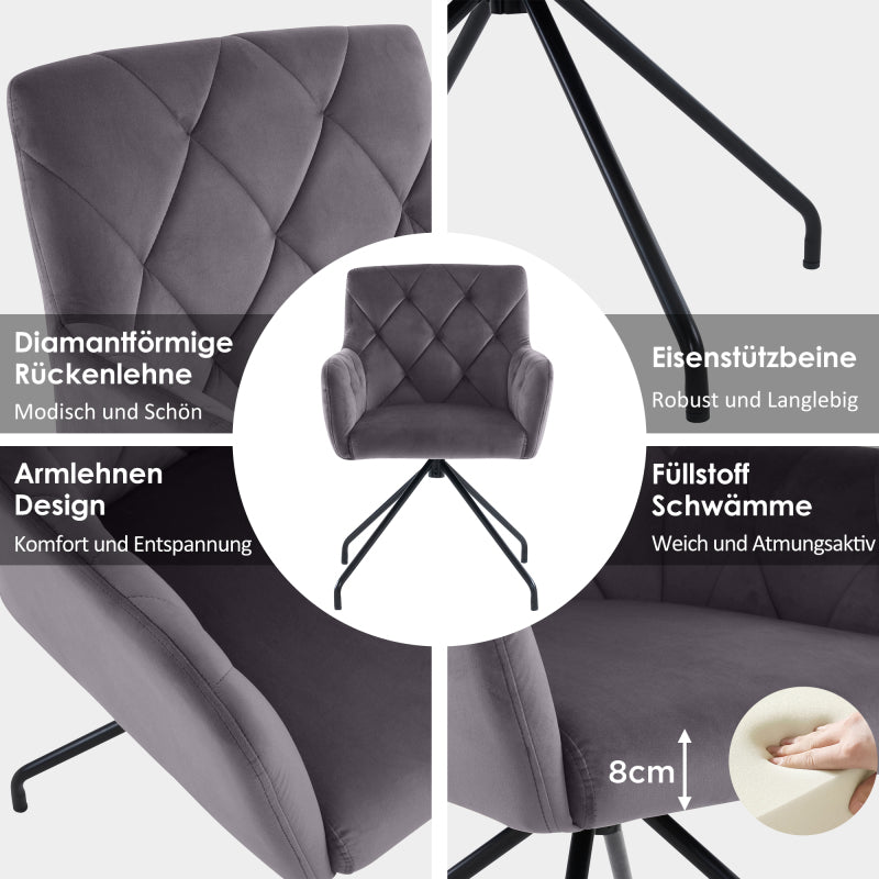 2er Set Esszimmerstühle mit Rautenmuster, Gepolsterter Sessel mit 4 Metallbeinen, Samt, grau
