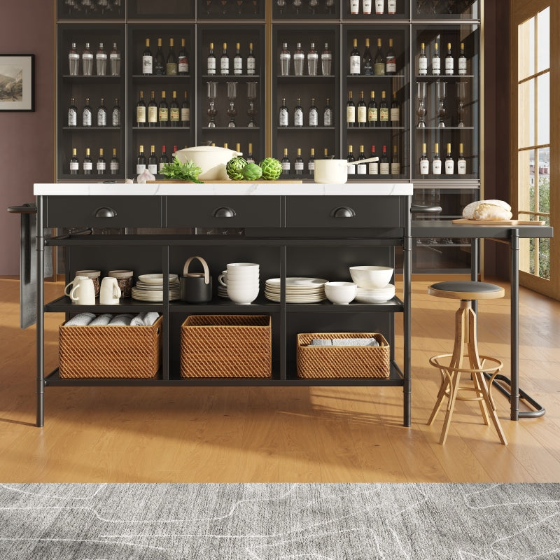 Kücheninseln, Ausziehbare Kunstmarmorplatte Industrial mit 3-Schubladen, Multifunktionales Küchen- und Esszimmer-Möbel, Kücheninsel Küchenregal Küchewagen Sideboard, MDF Arbeitsplatte Küche Regal