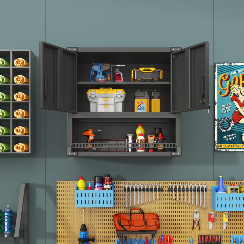 Metall Wandmontage Werkzeug Schrank mit Tür und Fach, Metallwandregal mit Schloss für Garage, Werkstatt, Büro - Umweltfreundlich, Robust, Montageerforderlich, H 77 cm × B 80 cm × T 30 cm