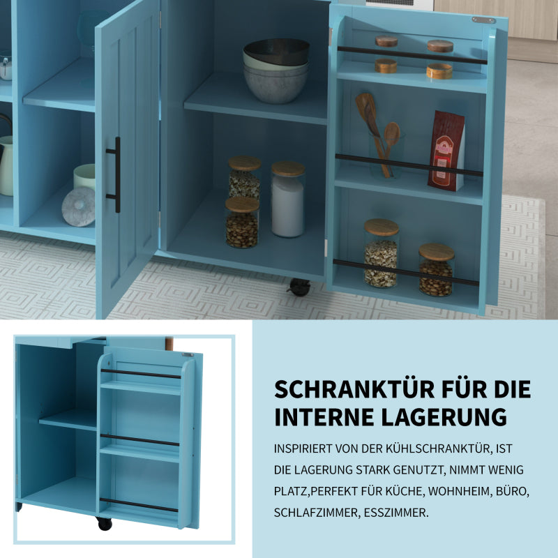 129x46(71)x91,5 cm großer Speisewagen/Sideboard, Arbeitsplatte mit Massivholzmaserung + blauer Schrank/faltbare Arbeitsplatte/Aufbewahrungstür-Design/Räder/Massivholzfüße umschaltbar/für Zuhause geeig