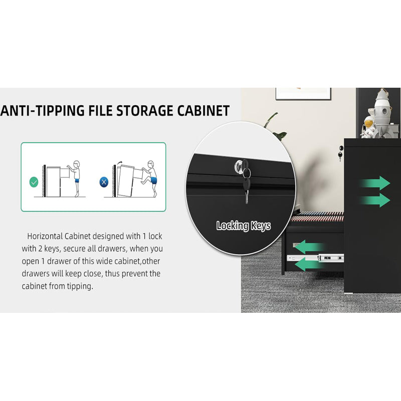 2 Drawer Metal Lateral File Cabinet with Lock,Office Vertical Files Cabinet for Home Office/Legal/Letter/A4,Locking Metal File Cabinet,Assembly Required (Black,with 2 Drawer)