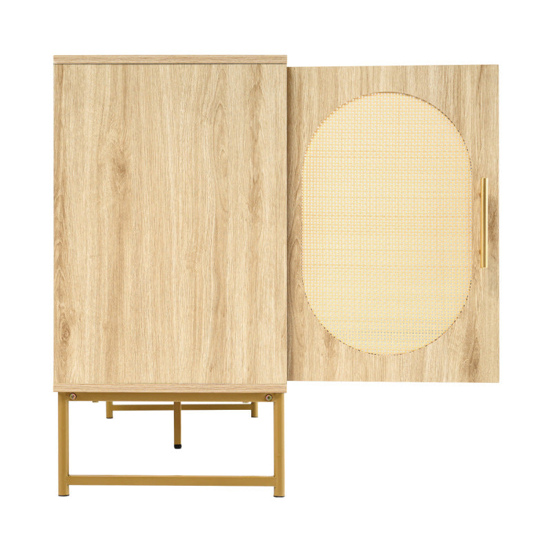 Rattan kommode mit 3-Schubladen und 2-Rattan-Türer,kommode schrank, Schminktisch, für Schlafzimmer und Wohnzimmer, Verstellbare Regale, Kippschutz, 120 x 40 x 74 cm, Sonoma Eiche