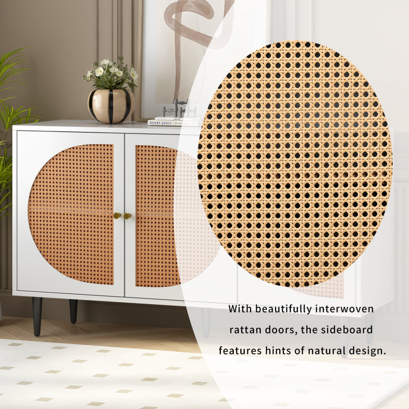 Sideboard mit 3 Rattan verzierten Türen Kommode Highboard mit Metallgriffe, für Schlafzimmer & Wohnräume & Büro, Weiß,129.8x 40x 76cm