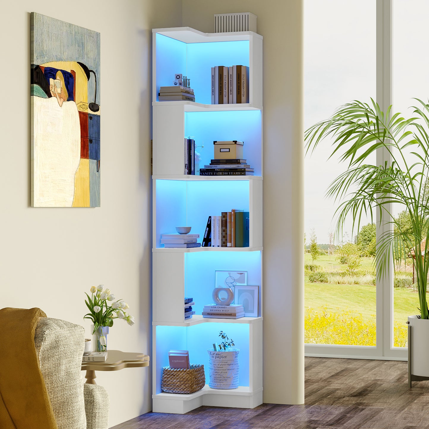Eck Bücherregal,  L-förmiges Bücherregal, LED-Farbwechsel-Lichtleiste, Fernbedienung/App-Steuerung, weiß