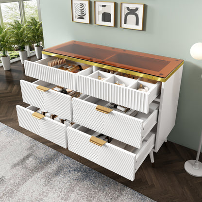 Kommode Sideboard aus Bernstein Glas, Kommode mit 6 Schubladen,Facheinteilung, kippsicher, Hochschrank für Schlafzimmer und alle Wohnräume, 120 x 40 x 76 cm, weiß