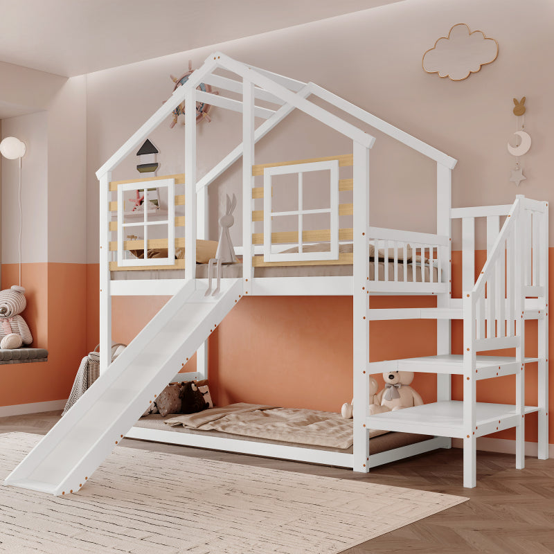 Etagenbett, Holzbett mit Treppe und Gitter, mit Rutsche und Fenster, Blockhaus Kinderbett mit Absturzsicherung, Bettrahmen aus Massivholz, Weiß(90x200 cm)