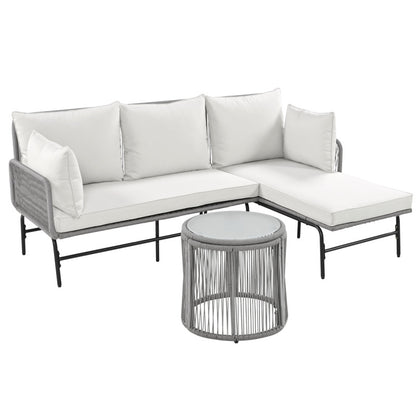 Gartenlounge-Set, Gartenmöbel-Set, Mit Eisenrahmen und grauem Seil, Gartenmöbel aus gewebtem Seil für den Außenbereich, Grau, Zwei Sessel, zwei 2-Sitzer-Sofas und zwei Tische (alle Kissen inklusive)