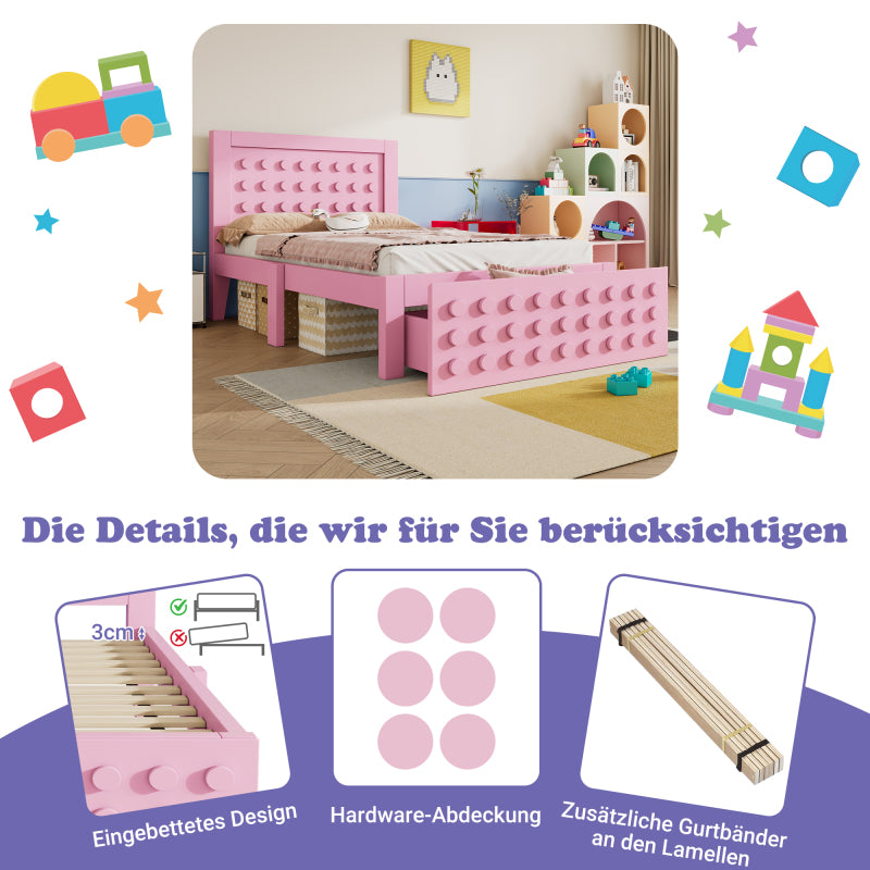Holzbett Einzelbett 90x200 cm, Kinderbett Jugendbett mit Kreativem Block Design, Massivholz Bettgestell mit Lattenrost, mit Schubladen & Unterm Bett Stauraum, Rosa, Ohne Matratze