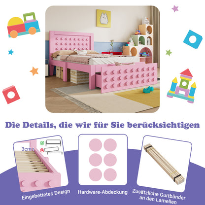 Holzbett Einzelbett 90x200 cm, Kinderbett Jugendbett mit Kreativem Block Design, Massivholz Bettgestell mit Lattenrost, mit Schubladen & Unterm Bett Stauraum, Rosa, Ohne Matratze