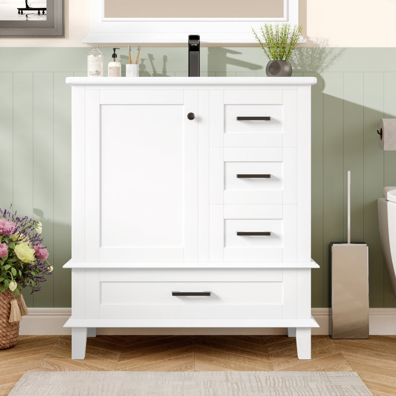 76x46x83,5cm Bodenstehender Badezimmerschrank mit Waschbecken, Waschtisch, komplett lackiert, Türregal, drei geräuschlose Schubladen, integriertes Keramikwaschbecken, weiß
