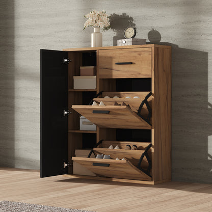 Schuhschrank Schwarz/Natur 80x24x95,5 cm mit 2 Klappen, 1 Tür & Schublade, verstellbare Regale, moderne Griffe