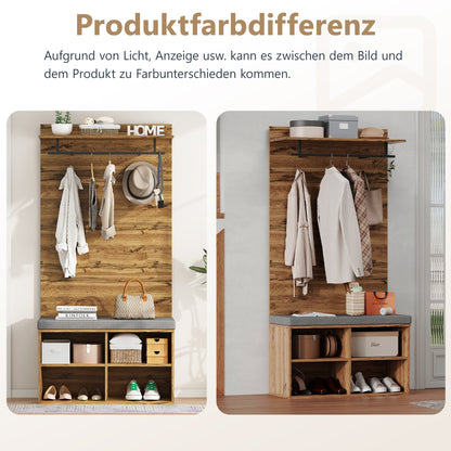 Garderobenset in Holzoptik mit Schuhbank, verstellbarem Regal, Kleiderstange und Polster, Praktische Flurmöbel