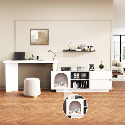 Eckschreibtisch mit integriertem Tierhaus, L-förmig oder einteilig, flexible Montage, Eckschreibtisch für Home Office mit XL-Tierhöhle, White
