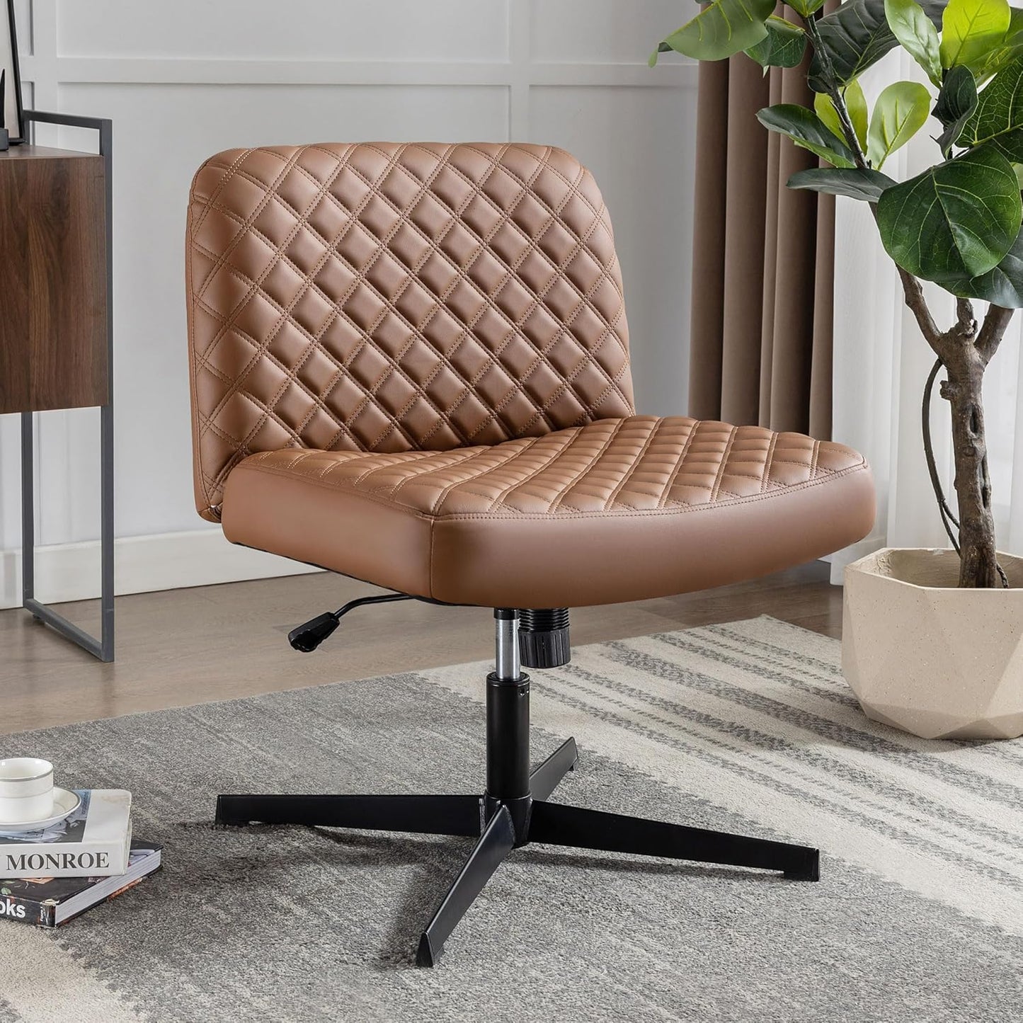 Bürostuhl Ohne Armlehnen,Home Office Stuhl Keine Räder,Heavy Duty Metallbasis,120°Schaukelnder breiter Sitz Ergonomischer Stuhl, Dicken gepolsterte Dreh Eitelkeit Stuhl für Heim und Büro Brown+PU+Metal