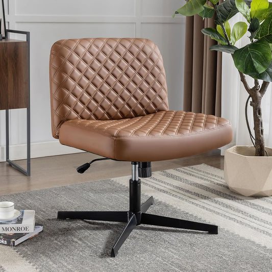 Bürostuhl Ohne Armlehnen,Home Office Stuhl Keine Räder,Heavy Duty Metallbasis,120°Schaukelnder breiter Sitz Ergonomischer Stuhl, Dicken gepolsterte Dreh Eitelkeit Stuhl für Heim und Büro Brown+PU+Metal