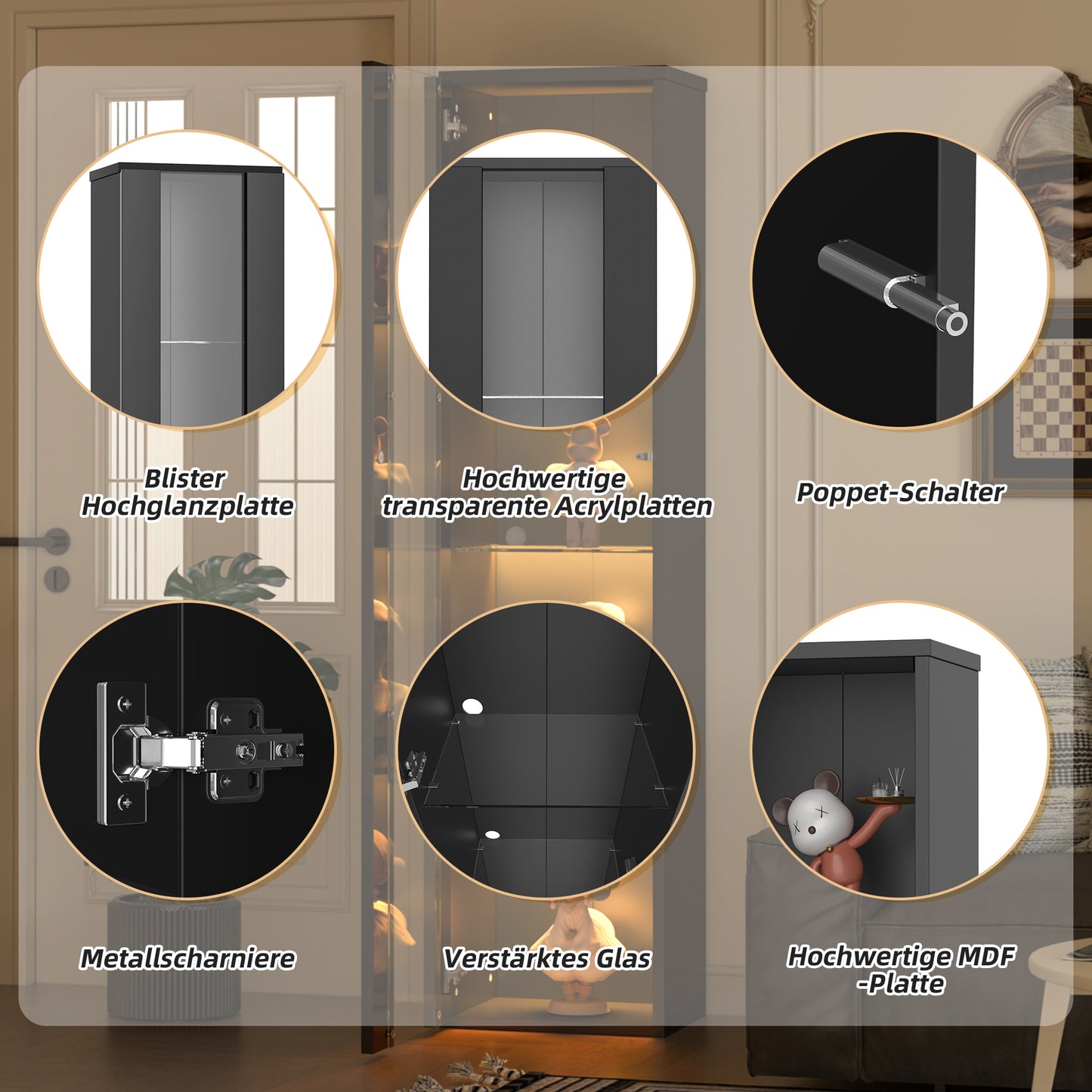 Multifunktionale Vitrine, Glastrennwand, LED-Farbwechsel Licht, schlichtes Design, Schwarz