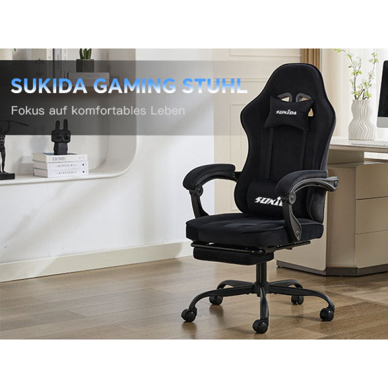 Gaming Stuhl Stoff, Ergonomischer Gaming Chair mit Fußstütze, Verstellbarer Racing Computerstuhl mit Lordosenstütze, Schwarz Ergonomisch PC-Stuhl