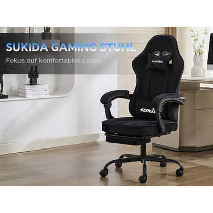 Gaming Stuhl Stoff, Ergonomischer Gaming Chair mit Fußstütze, Verstellbarer Racing Computerstuhl mit Lordosenstütze, Schwarz Ergonomisch PC-Stuhl