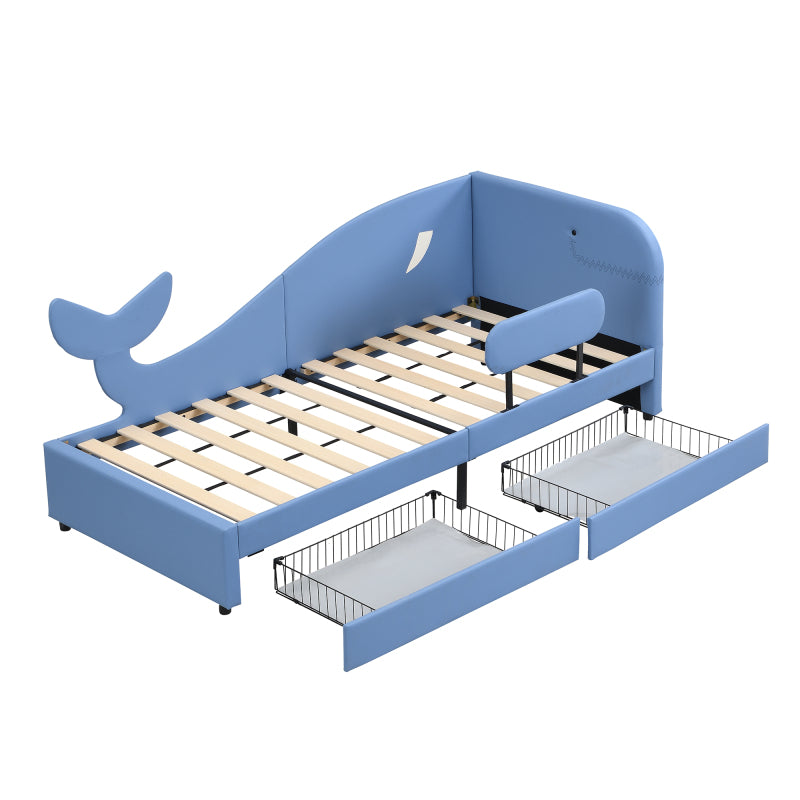 Kinder-Spleißbett, Polsterbett, Tagesbett, Walförmiges Design, Schlafsofa mit Metallbettgestell, 2 Schubladen auf Rollen, PU+MDF+Sperrholz, Blau, 90x200cm