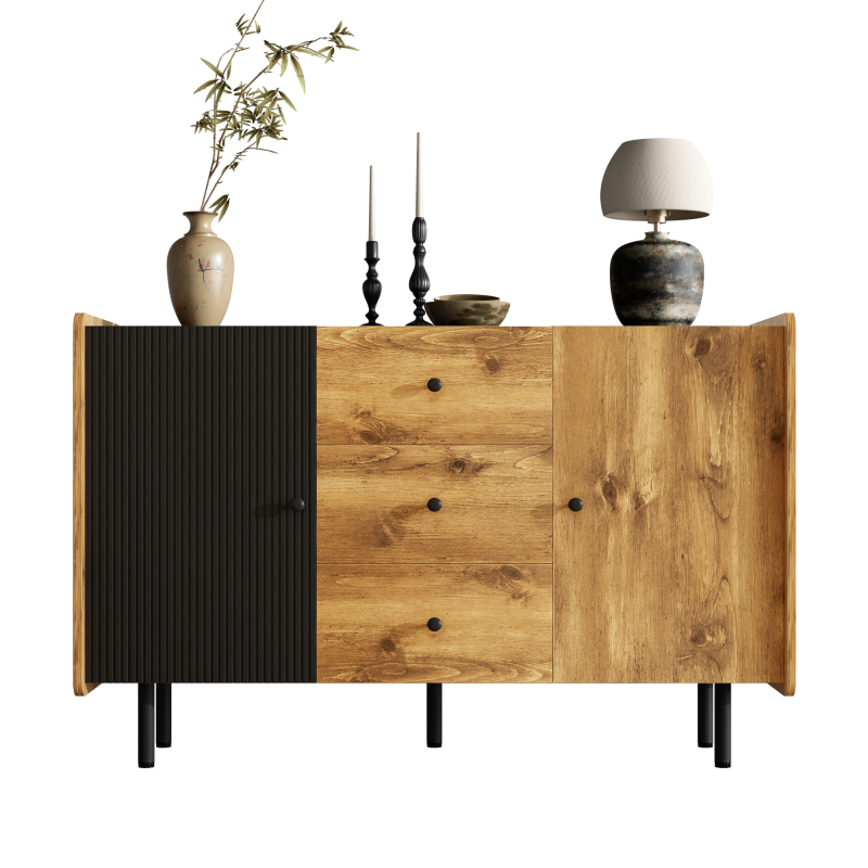 90 cm Schwarze und Holzfarbene Couchtisch – Moderner Stil, Zwei Offene Fächer und Zwei Türen, Dämpfende Scharniere
