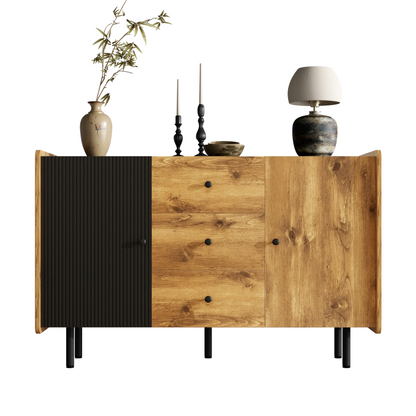 90 cm Schwarze und Holzfarbene Couchtisch – Moderner Stil, Zwei Offene Fächer und Zwei Türen, Dämpfende Scharniere