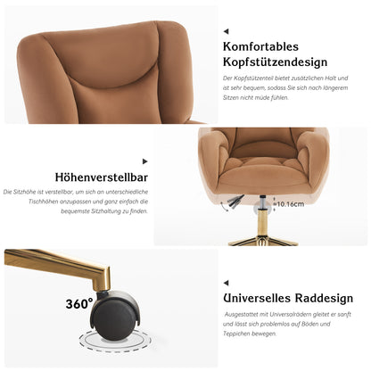 Full KD Samtstoff Material Höhenverstellbarer Drehstuhl für das Home-Office im Innenbereich mit goldenen Beinen, Braun
