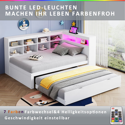 Massivholz-Einzelbett 90x200 Weiß mit Ausziehbett - Multifunktionales Schlafsofa inkl. LED, USB-Steckdose, Regalen & viel Stauraum, Weiß