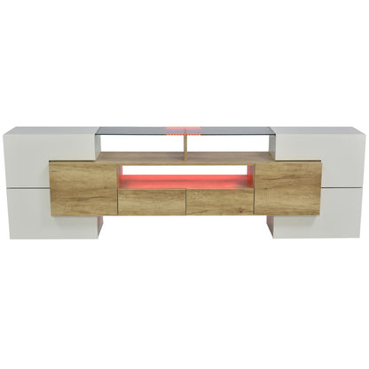 Stilvoller TV-Schrank, Lowboard.hochglänzendes Weiß, 200 cm, LED-Beleuchtung, Wohnzimmermöbel.  modernes Design. elegante Glasoberfläche.