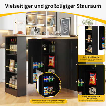 360° drehbarer Stehtisch (138-209 x 39 x 104 cm) auf Rollen, schwarz, mit drei Schubladen. Kommt mit Snackhalter. Multifunktionale Aufbewahrungsinsel, geeignet für Küche und Wohnzimmer
