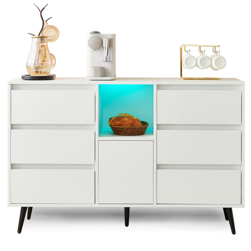 Modernes weißes Sideboard mit LED-Beleuchtung, 6 geräuschlosen Schubladen, Push-Open-Türen, Hochglanzlackierung, mattschwarzen Metallbeinen, 120x40x80 cm – ideal für Küchen, Ess- und Wohnbereiche