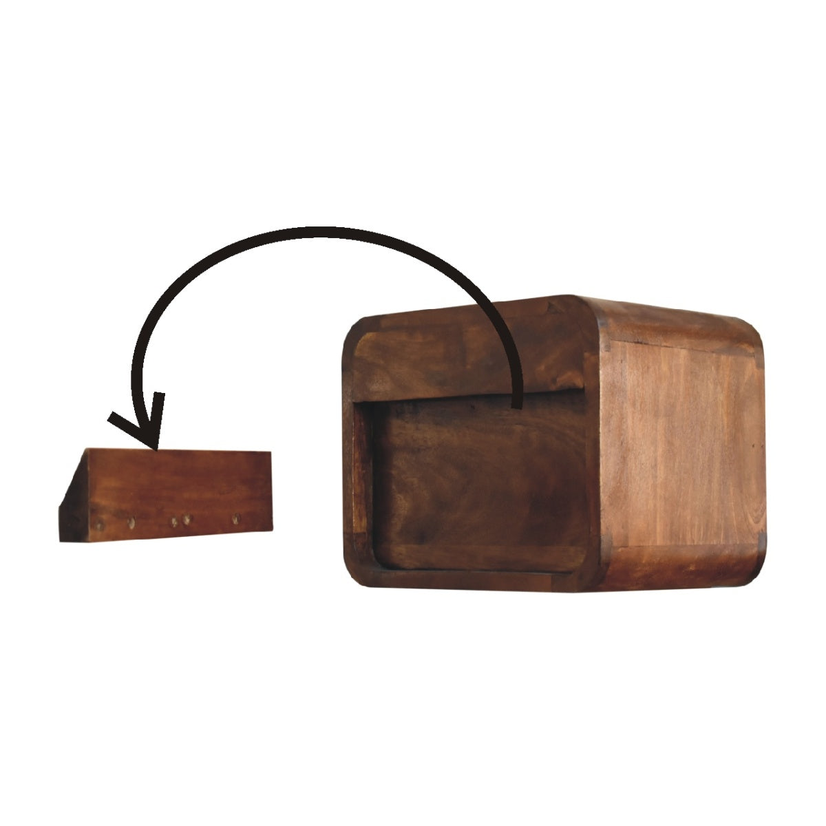 Schwebender Mini-Nachttisch aus Massivholz – Kastanienbraun, 2 Schubladen, Handgefertigt, Wandmontage, Nachhaltiges Design, 30x25x25 cm